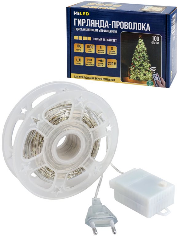 Гирлянда комнатная Нить  "Роса" 100м, 1000 теплых ламп, 8 реж., 220 Вт, пульт