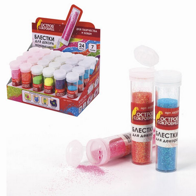 Глиттер  7г (ассорти) с дозатором "Неон" ОСТРОВ СОКРОВИЩ