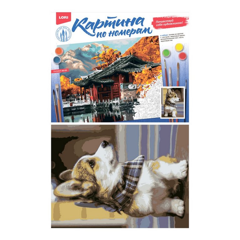 Роспись по номерам (картон) 40*50см "Щенок корги" (основа, акрил. краски, кисти) LORI
