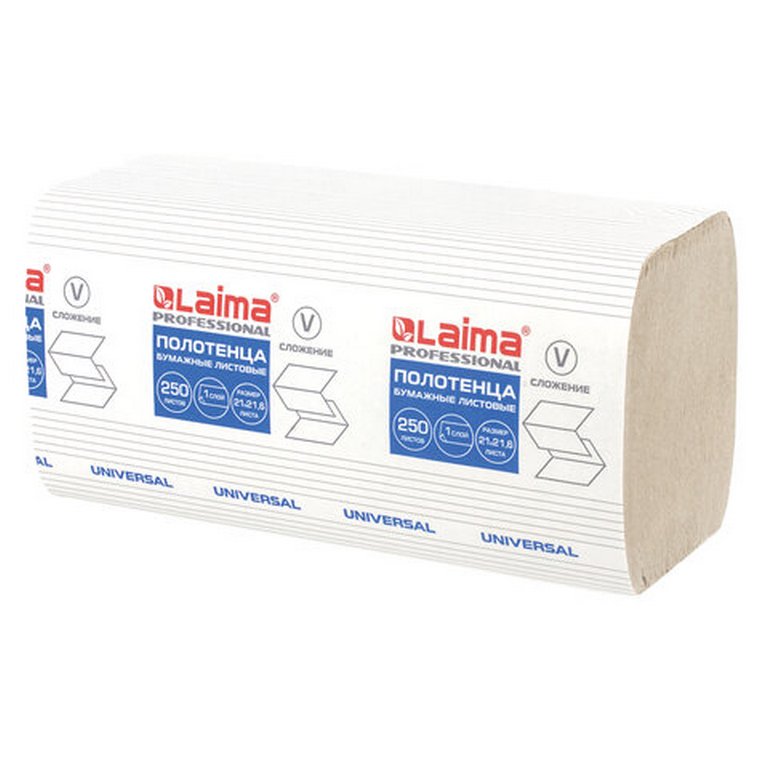 Полотенце бумажное для диспенсера в пачке ЛАЙМА (H3) UNIVERSAL, V, 1-сл, натур.цв, 250лист(21х21,6)