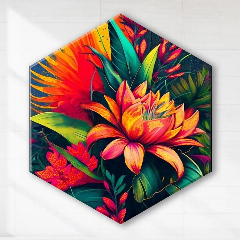 Роспись по номерам (холст) 37*32см Гексагон с поталью "Тропические цветы" (осн+акрил.кр.+кисти)