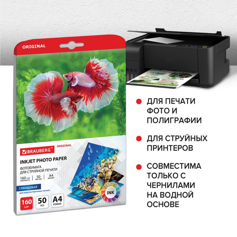 Фотобумага BRAUBERG А4 160г, 50 л/уп. глянец. односторонняя