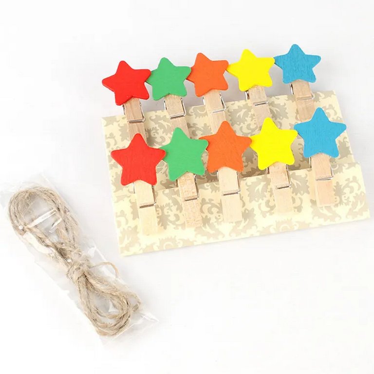 Прищепки деревянные с декором "Звёздочки" 35мм (10шт/уп)+ веревка 140 мм