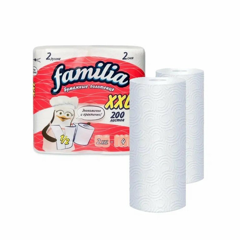 Полотенце бумажное Familia plus XXL 2 рул/уп белые, 2-х слойные, 200 листов в рулоне