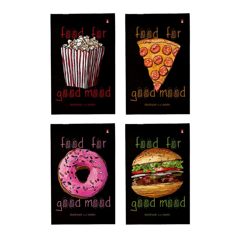 Блокнот А5  40л., 127*200 мм, на скрепке Альт "FOOD IN BLACK" мягкая обл., 4 вида