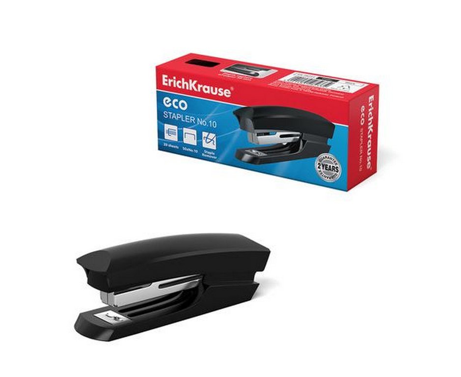 Степлер № 10 до 20л Erich Krause ECO черный с антистеплером (глубина 50мм)