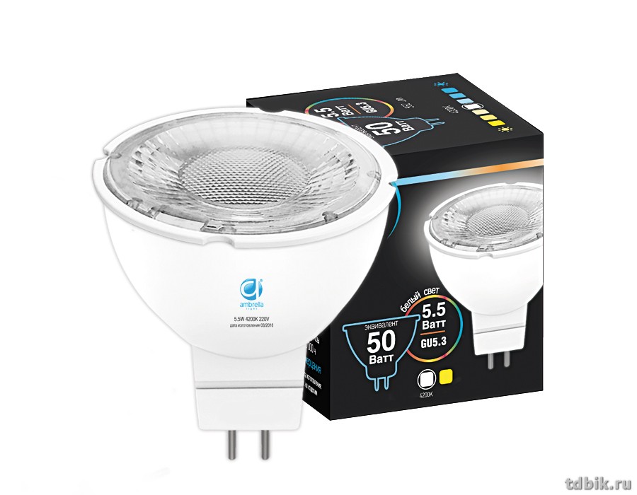 Лампа светодиодная 5,5Вт GU5.3 4200K, холодный белый свет AMBRELLA (для точечных светильников)