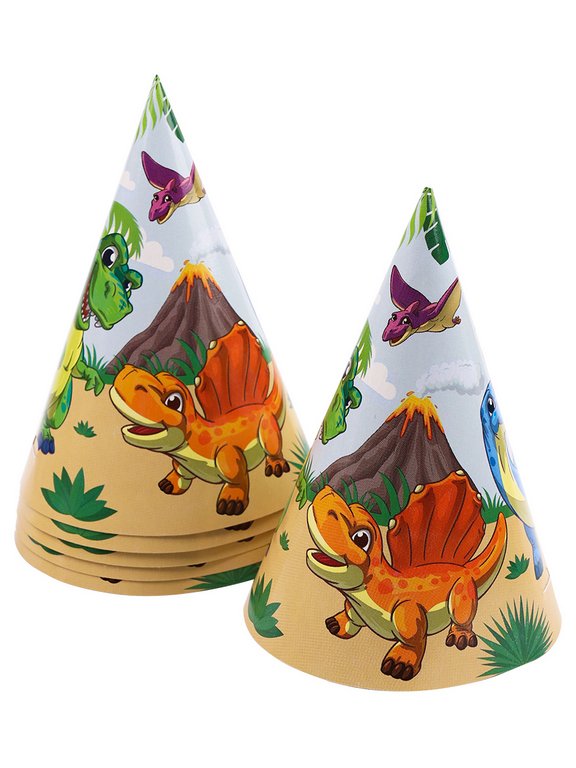 Набор одноразовой посуды картон на 6 персон "Динозавры" (6 стаканов + 6 тарелок + 6 колпаков)