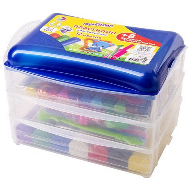 Пластилин 12 цв. 620 гр. ЮНЛАНДИЯ пластиковый бокс, 4 стека, 8 формочек