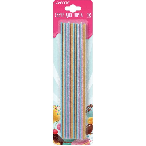 Свечи для торта deVENTE "Glitter", 16 шт, h=16,5 см, разноцветные с блестками