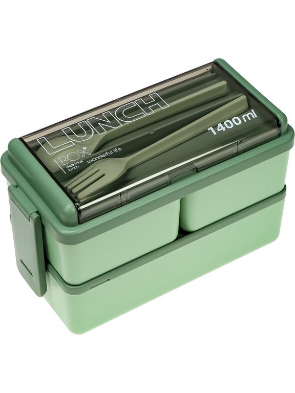 Ланч-бокс 1400 мл (с приборами, три отделания) зеленый "Ланч"