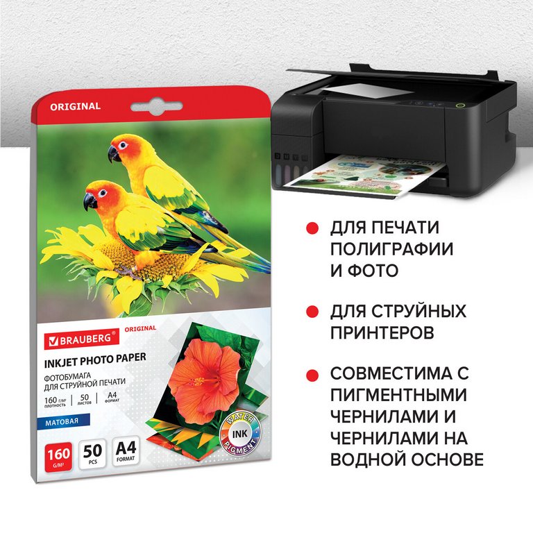 Фотобумага BRAUBERG А4 160г, 50 л/уп. матовая односторонняя