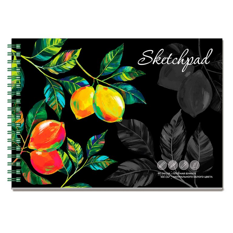 Скетчбук 140*200 мм, 60л. гребень "ЛИМОНЫ" 100 г/м2