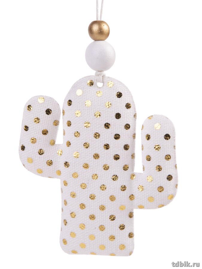 Украшение елочное из ткани "Кактус с золотыми кружочками" 7,5*1,5*8,5см