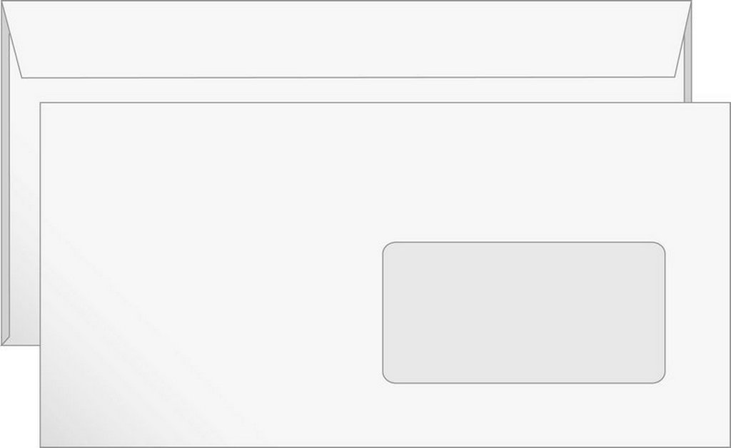 Конверт  из белой бумаги Е65 (110*220мм) силикон лента правое окно