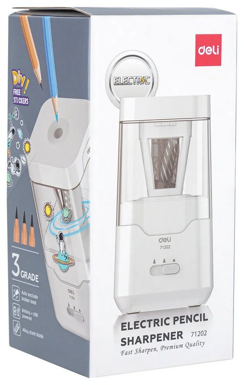 Точилка электрическая Deli 1 отверстие, белая, от батареек или от кабеля USB
