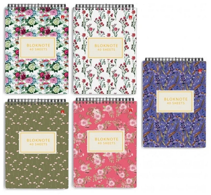 Блокнот А7  40л.,  68*104 мм, на гребне "ЦВЕТЫ. ПАТТЕРН" 5 ВИДОВ