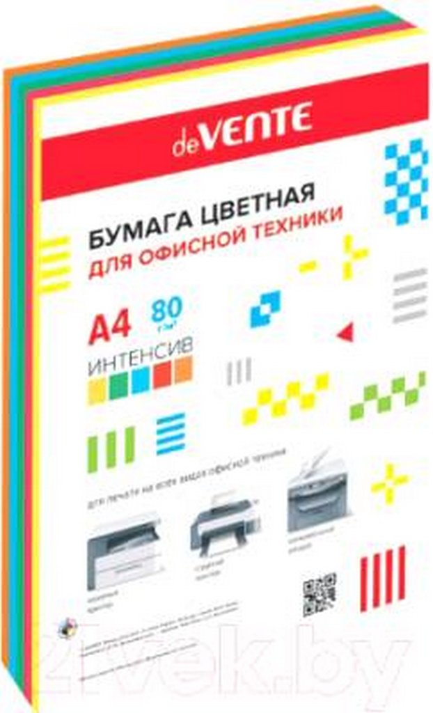 Бумага "deVente" 80г/м2 А4, 500 лист/уп, смесь интенсивных цветов (5 цветов)