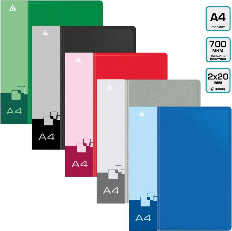 Папка на 2-х кольцах А4 27 мм карман внутри и на торце, пластик 0,7 мм, ассорти Бюрократ