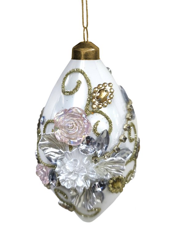 Елочный шар стеклянный  60*130мм (белый с рисунком) в картонной коробке