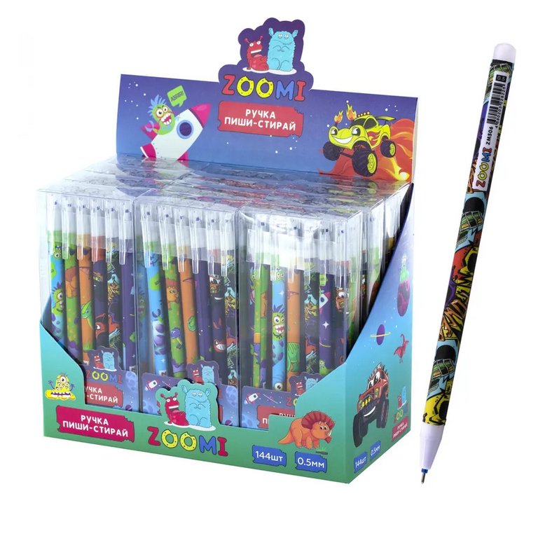 Ручка пиши-стирай гелевая "Машинки" Zoomi синяя 0,5мм