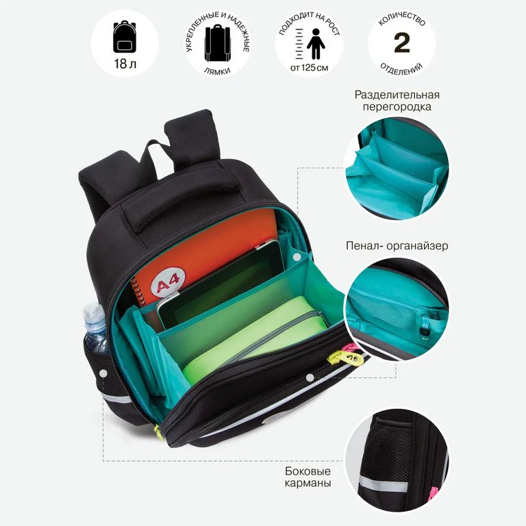 Рюкзак каркасный для девочки Grizzly 28*36*20 см., черный