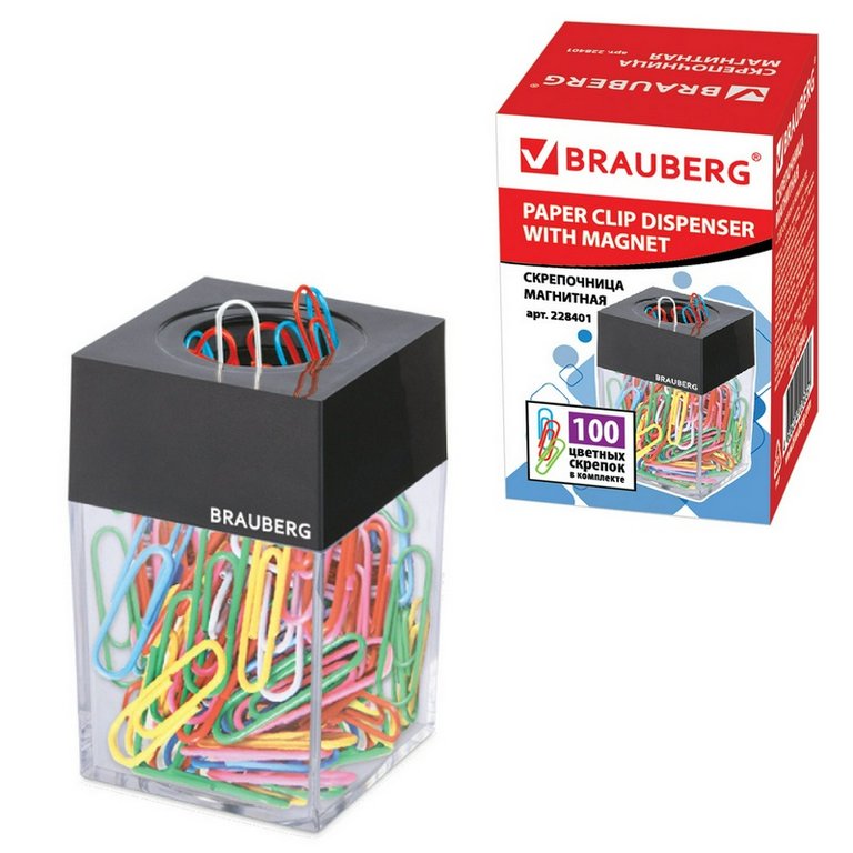 Диспенсер для скрепок магнитный + 100 цветных скрепок, цвет прозрачный Erich Krause
