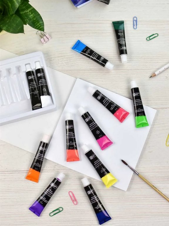 Краски акриловые художественные 12 цв. 12мл "Слон " Феникс+ неоновые цвета