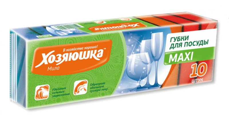 Губка для посуды поролоновая 93*65*30 мм, Хозяюшка MAXI 10 шт/уп