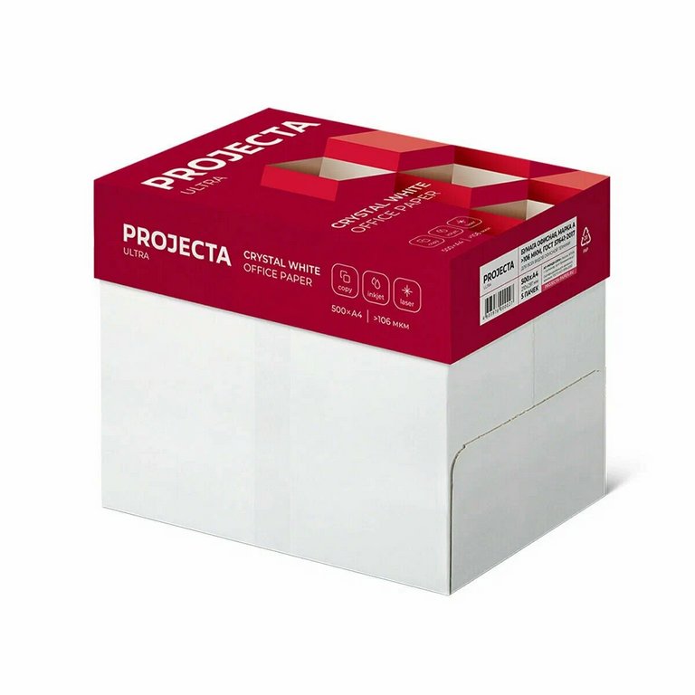 Бумага офисная Projecta Ultra А4, 80 г/м2, 162% CIE, толщ. 110мкм, непрозр. 93%, 500 л./пач.