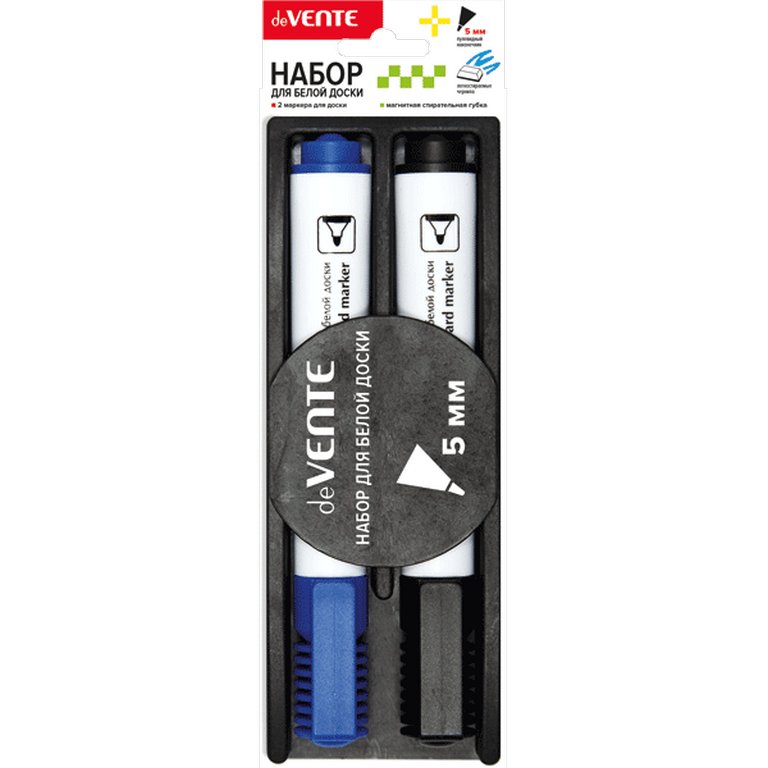 Набор маркеров для доски  2шт + губка deVENTE, 5мм круглые (синий, черный)