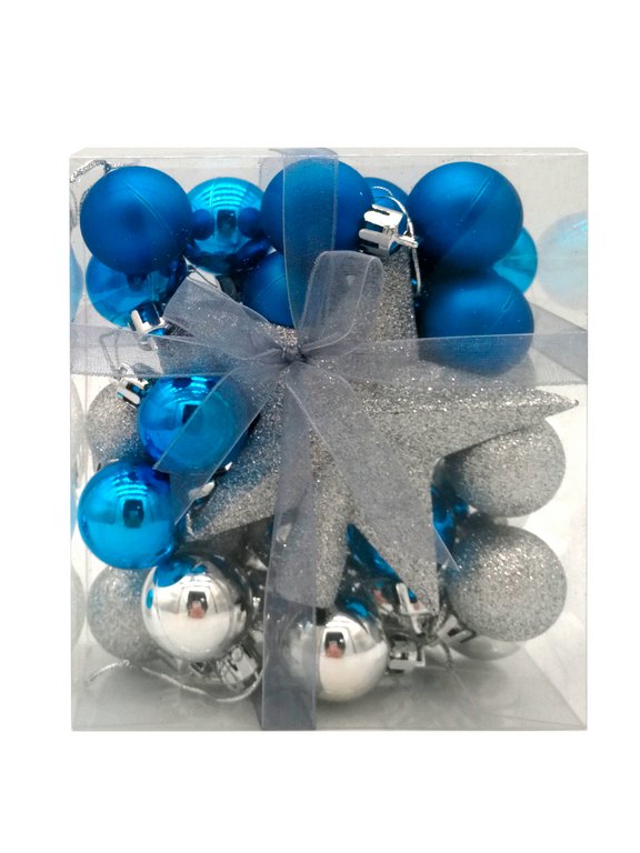 Набор шаров  цвет ассорти 30 мм 29 шт + верхушка звезда 1шт (11см) цв. серебро/синий