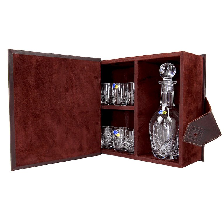 Бар-книга "Макей" деревянный (натуральная кожа) + (1 графин+6 рюмок)