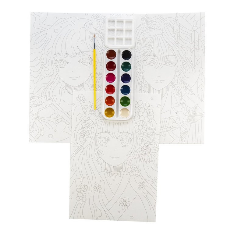 Набор для рисования скетча акварелью "Анимэ" 3 основы, краски, кисть, палитра