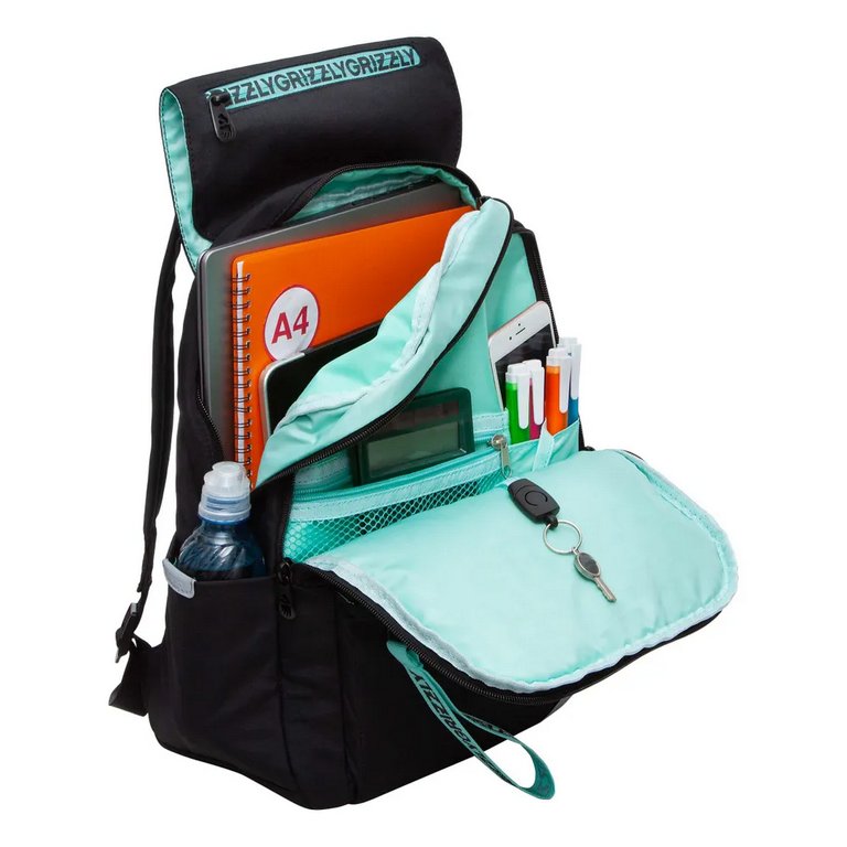 Рюкзак молодежный женский Grizzly 33*39*14 см, черный/мятный
