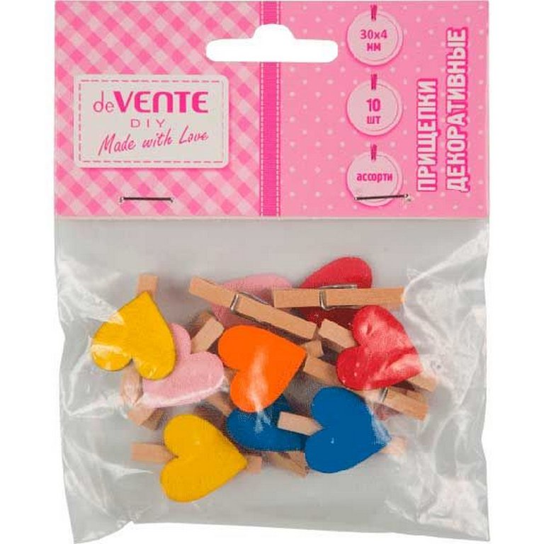 Прищепки деревянные 30мм цветные deVENTE "Hearts" 10 шт/уп