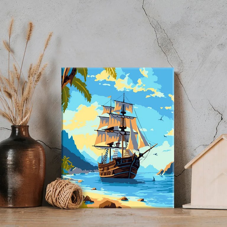 Роспись по номерам (холст) 15*20см "В спокойной бухте" (основа, акрил. краски, кисти)