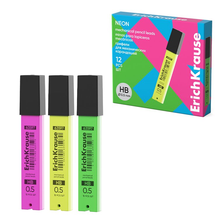 Стержни для мех. кар. 0.5 мм НВ 15шт ErichKrause Neon