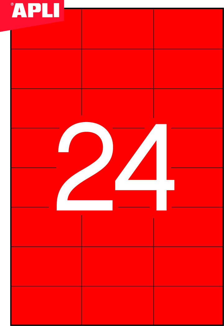 Этикетки самоклеящиеся А4 70*37, 24 этикетки, прямоуг. края, красные, Apli