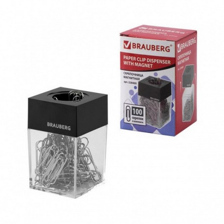 Диспенсер для скрепок магнитный + 100 скрепок, цвет прозрачный BRAUBERG