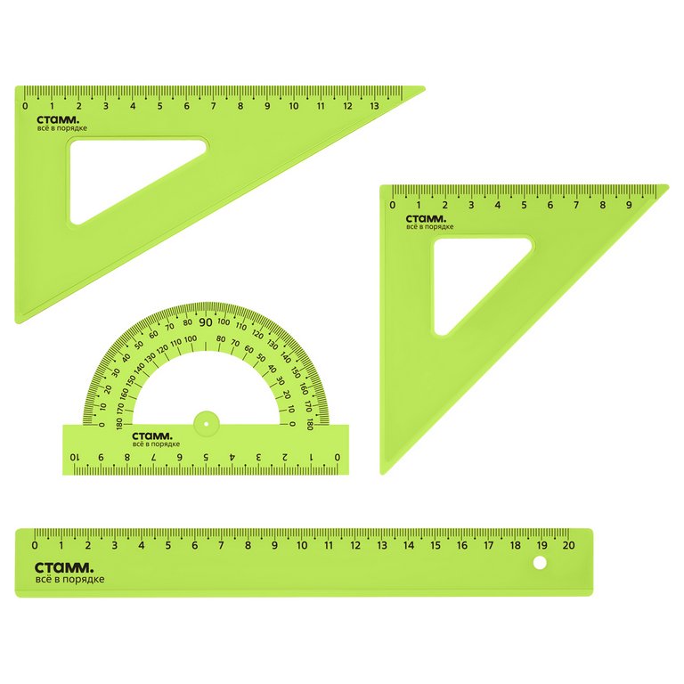 Набор чертежный (набор линеек) 4 пред. (2 треуг., линейка 20см., транспортир) ассорти NEON Стамм