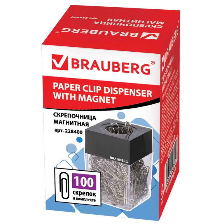Диспенсер для скрепок магнитный + 100 скрепок, цвет прозрачный BRAUBERG