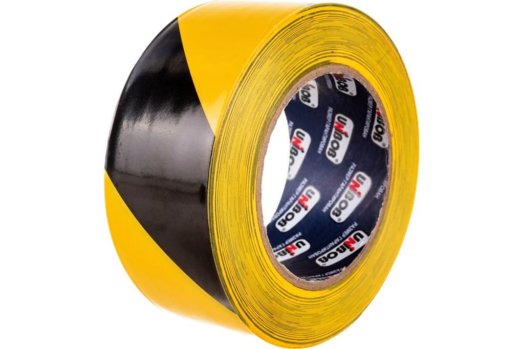 Лента сигнальная для разметки ПВХ желто-черная 50 мм x 50 м, 150 мкм, Unibob клейкая