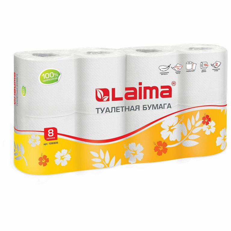Туалетная бумага (8 рул/уп) 2 слоя, L-19 м, шир-95 мм, ЛАЙМА белая