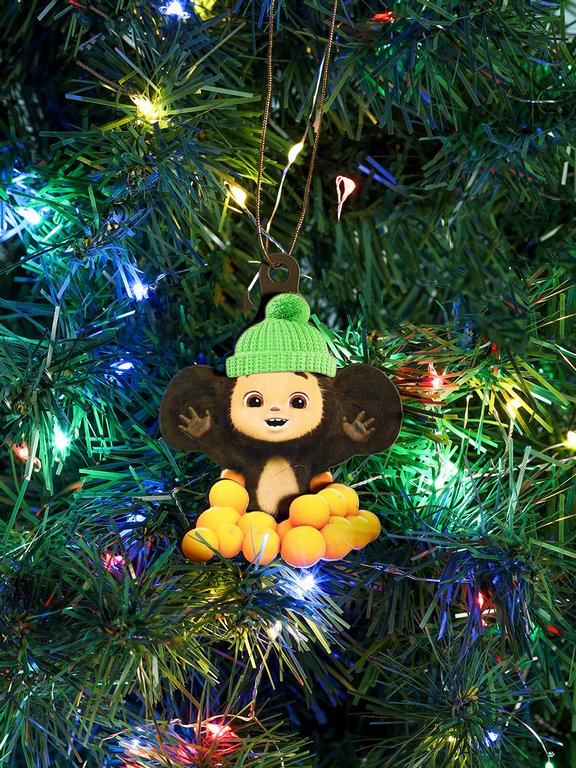 Украшение елочное из дерева "Чебурашка и апельсины" 9,3*13 см