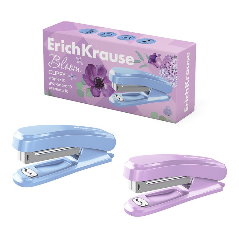 Степлер № 10 до 15л Erich Krause Clippy Pastel Bloom с антистеплером (глубина 40мм) ассорти