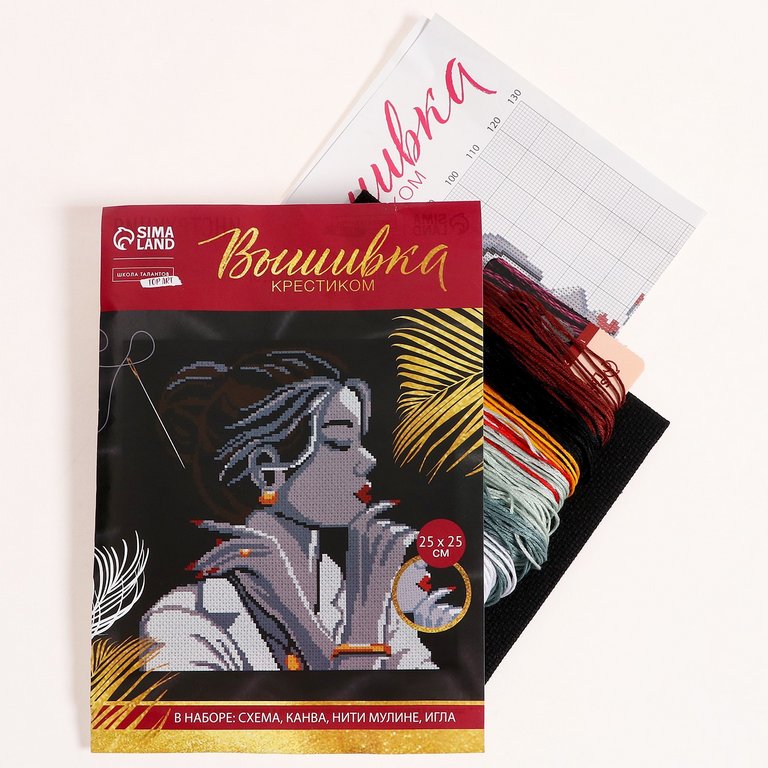 Вышивка крестиком на чёрной канве "Девушка в золоте" 25х25 см Школа талантов