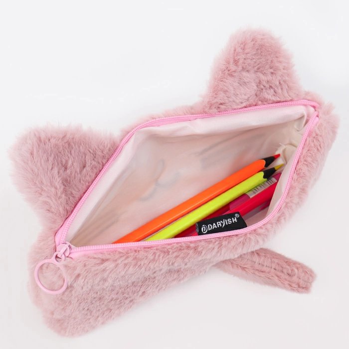 Пенал  для девочки Darvish "Котик" 22,5* 15 см, розовый меховой