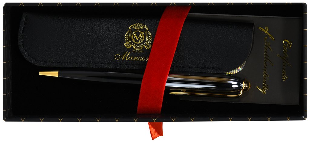 Ручка шариковая Manzoni "Genova" корп. чёрн/сереб, кожзам футляр, синяя 1,0мм (ст. 98 мм тип Parker)