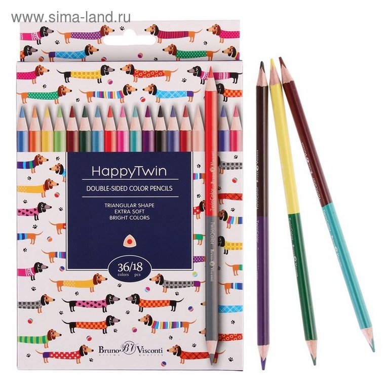 Набор карандашей   двусторонних 18 шт-36 цв. трехгранные BrunoVisconti "TWINCOLOR HAPPY"